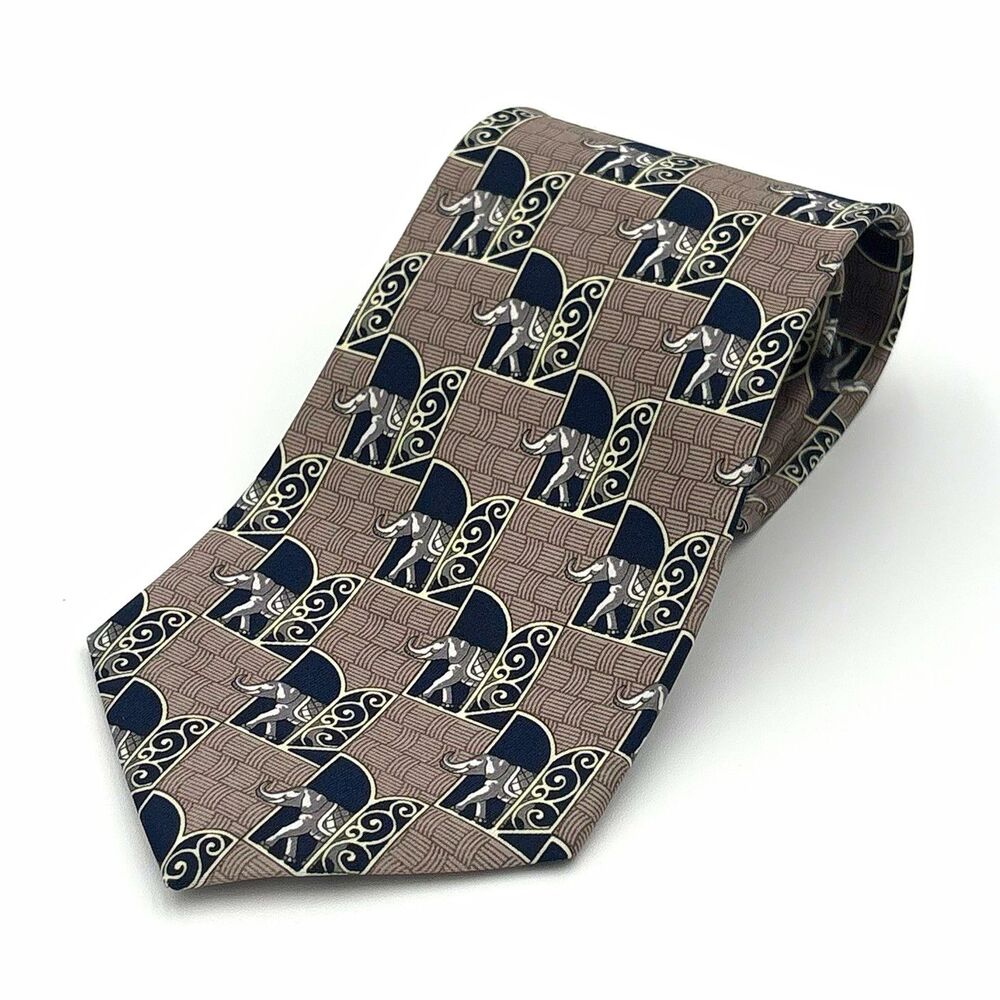Rene Chagal Men's Handmade 100% Silk Tie Gray/Black/White Geometric Elephant